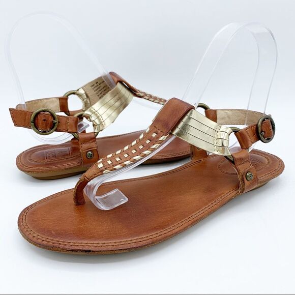 Frye‎ Alessia Artisinal Brown/Gold Flat Thong Sandals Sz 6 - Picture 1 of 15